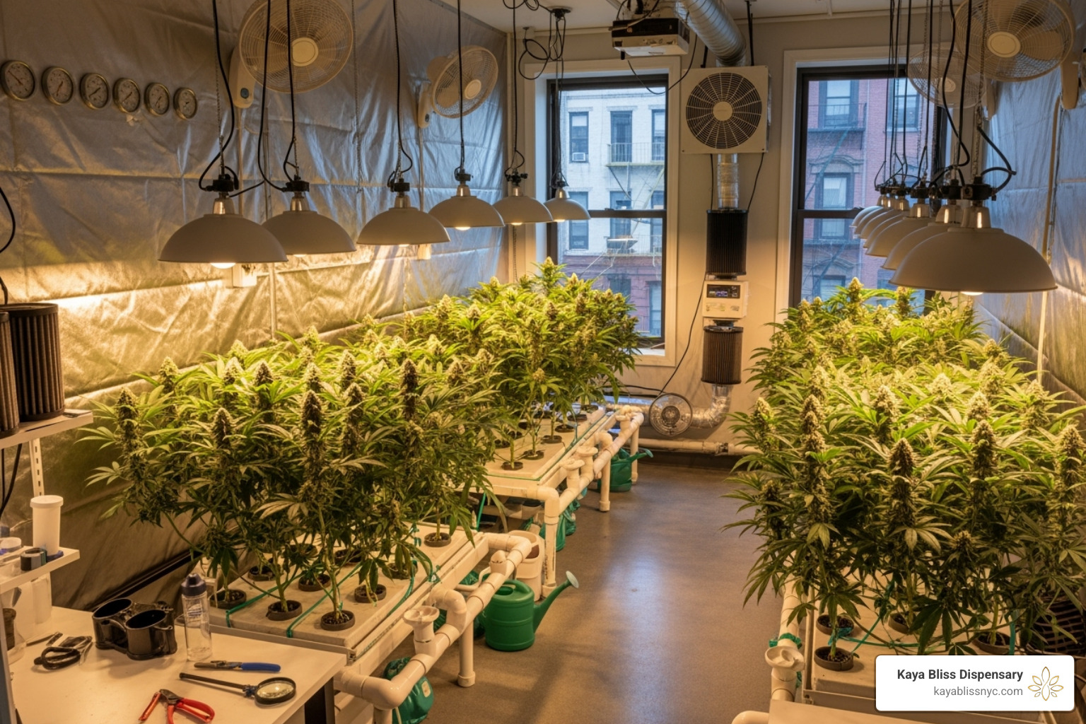 Clean, well-maintained indoor cannabis grow room in New York. - High end flower