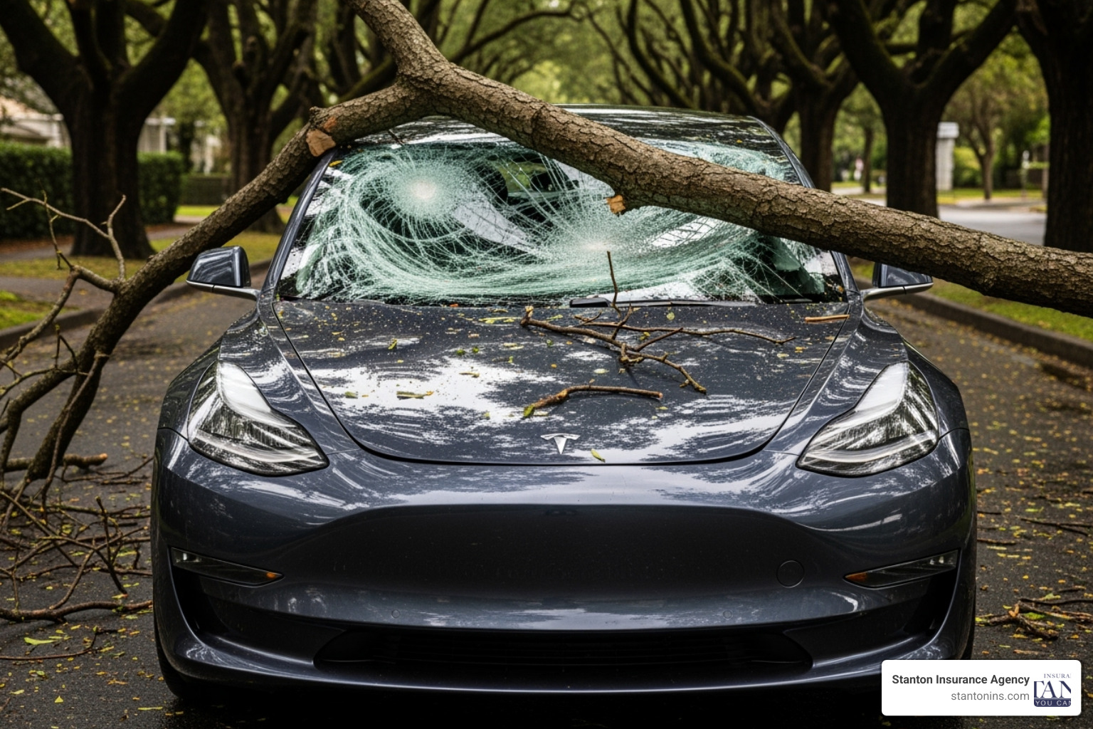 car with a cracked windshield from a fallen tree branch - massachusetts car insurance