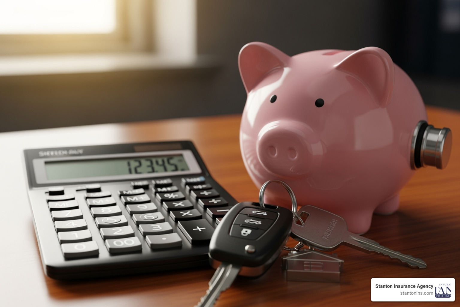calculator with car keys and a piggy bank - massachusetts car insurance