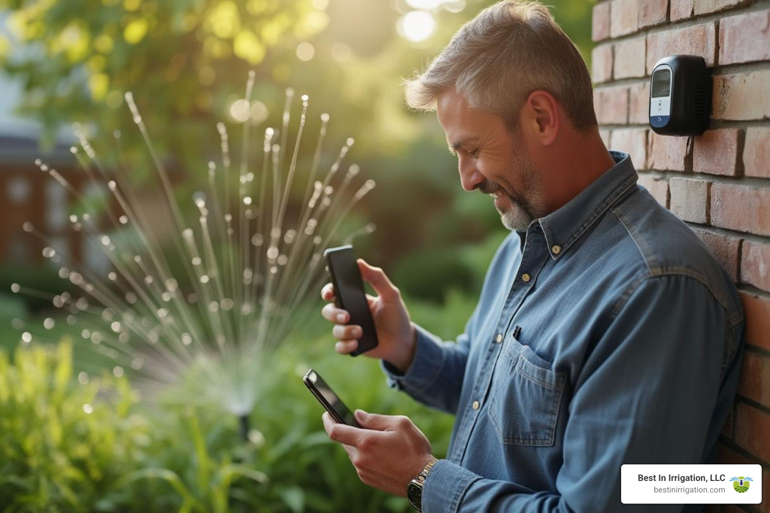homeowner using a smartphone to control their smart irrigation controller - yard irrigation repair homeowner using a smartphone to control their smart irrigation controller - yard irrigation repair
