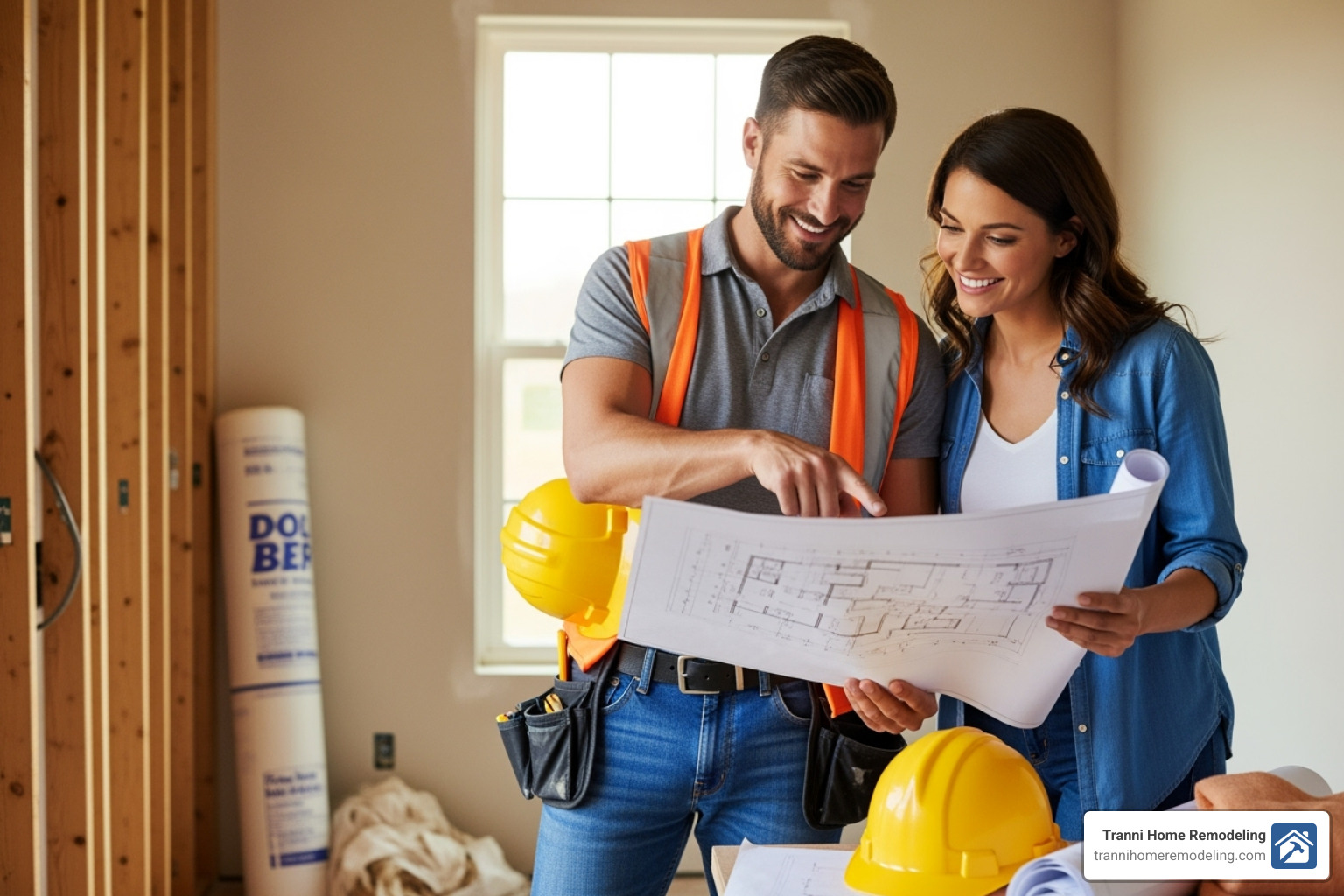Image of a contractor and homeowner happily reviewing blueprints - home remodeling company