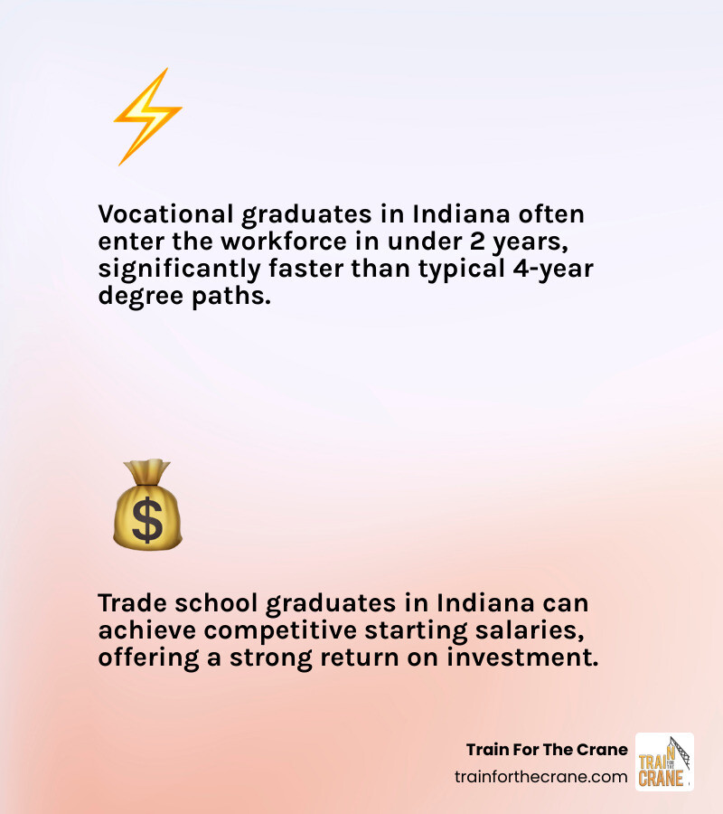 Infographic comparing average time to employment and starting salary for vocational school graduates versus four-year college graduates in Indiana, highlighting faster entry and competitive wages for trade school paths - indiana vocational schools infographic 2_facts_emoji_light-gradient