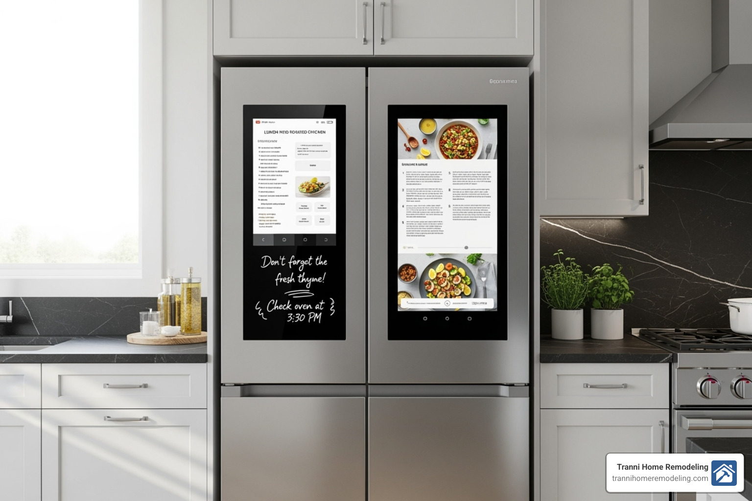 A smart refrigerator with a large digital display showing recipes and notes. - kitchen companies near me