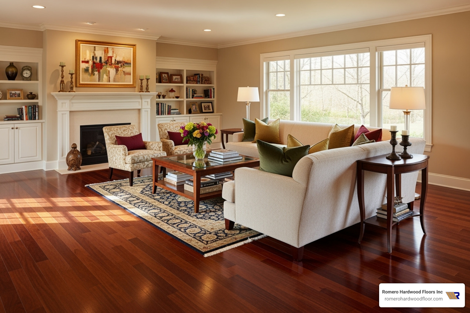 stunning, completed living room with refinished American cherry floors - refinishing american cherry floors