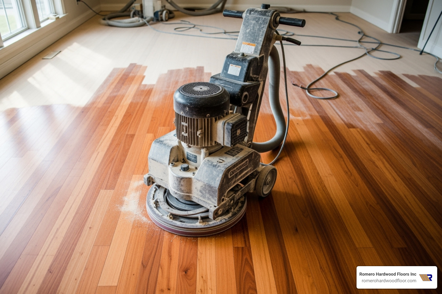 professional sanding equipment on a cherry floor - refinishing american cherry floors
