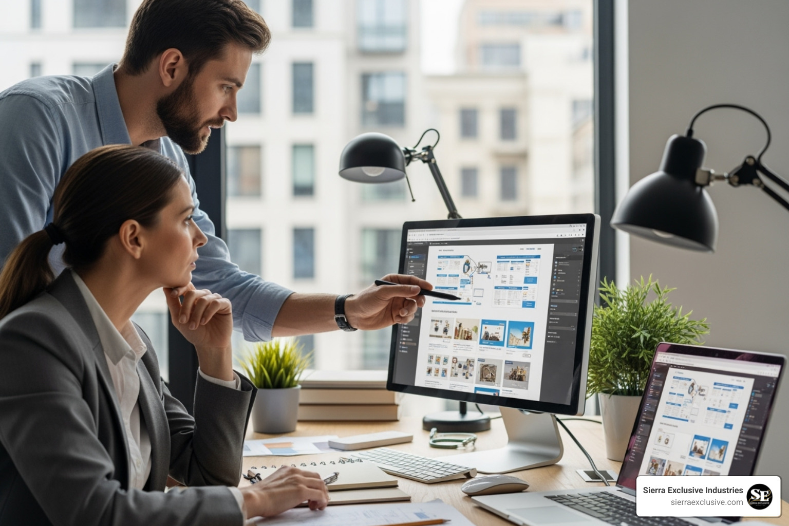 image of a designer and client collaborating over a wireframe or design mockup - shopify web designer