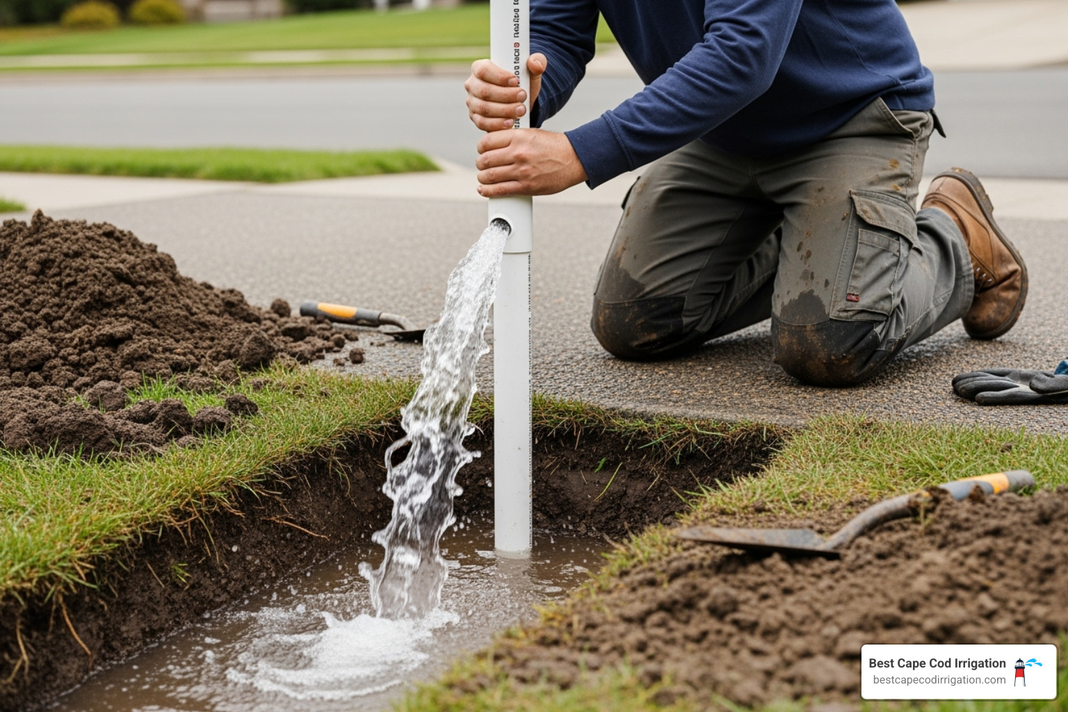 a person beginning the water-jetting process, pushing a PVC pipe into the soil under a driveway - install sprinkler pipe under driveway