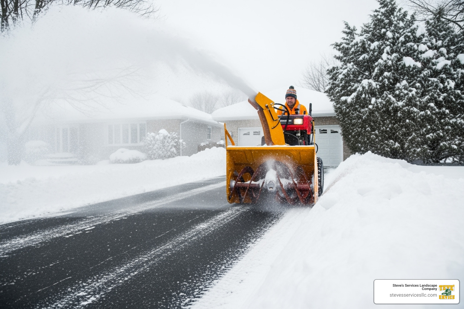 of a professional two-stage snow blower in action - snow cleaning