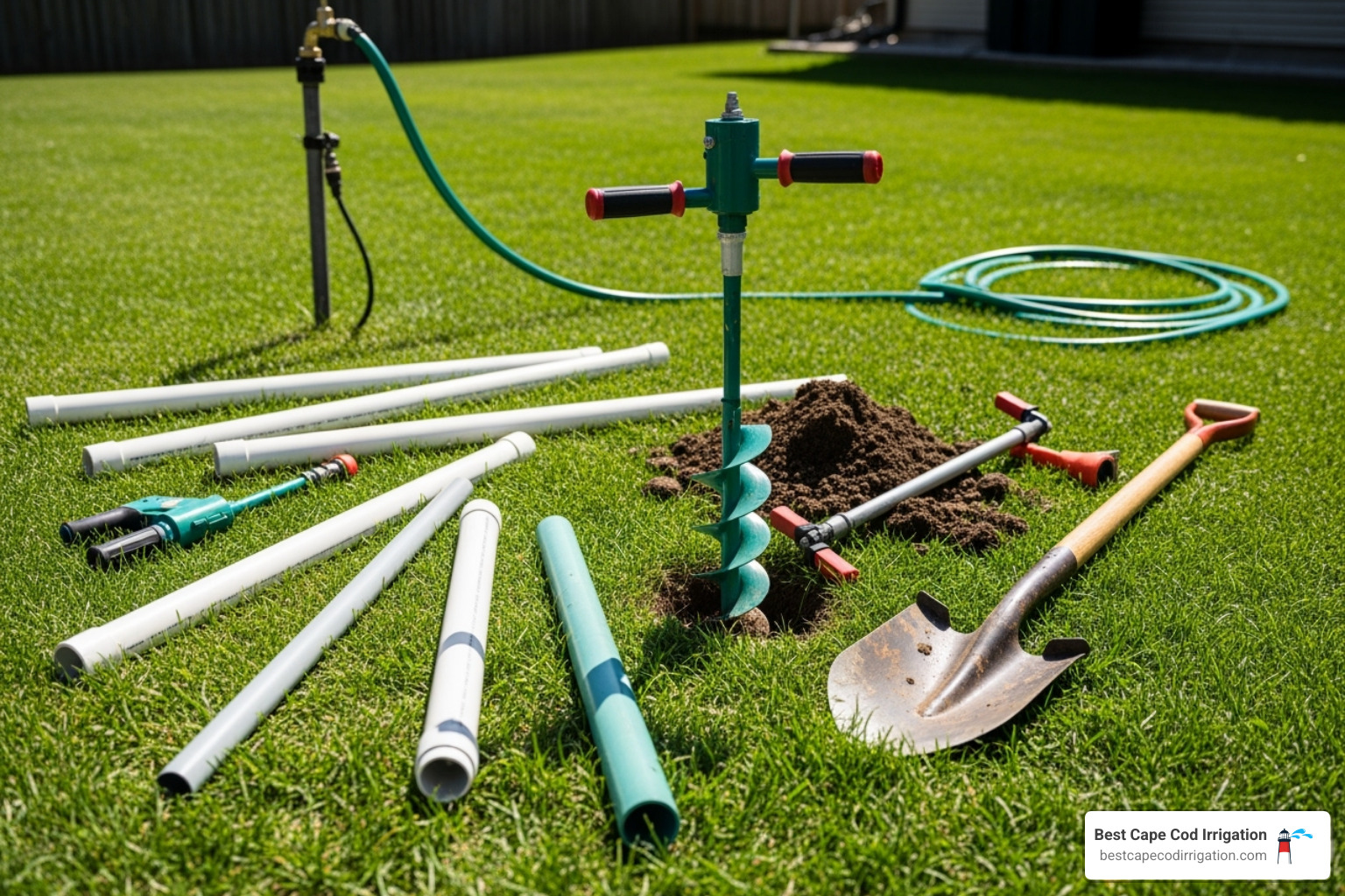 necessary tools and materials laid out on a lawn, including PVC pipe, a boring kit, a shovel, and a garden hose - install sprinkler pipe under driveway