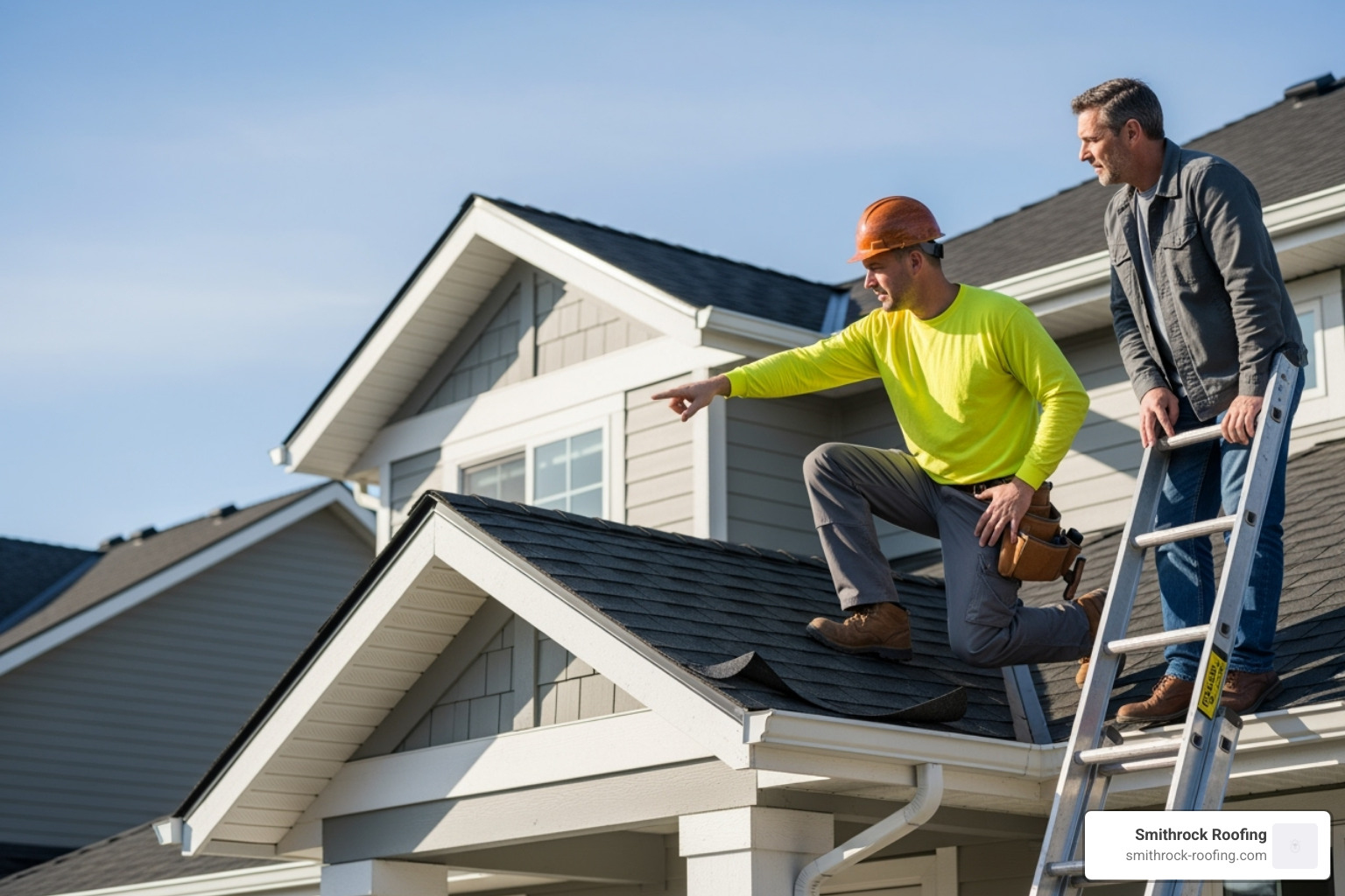 A certified contractor pointing out subtle wind damage on a roof to a homeowner, highlighting the value of professional inspection - wind damage repair near me A certified contractor pointing out subtle wind damage on a roof to a homeowner, highlighting the value of professional inspection - wind damage repair near me