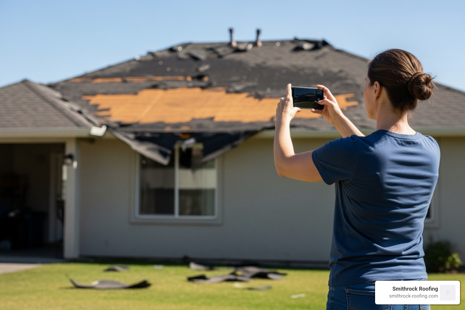 A homeowner safely taking photos of a damaged roof from the ground, illustrating proper initial assessment - wind damage repair near me A homeowner safely taking photos of a damaged roof from the ground, illustrating proper initial assessment - wind damage repair near me