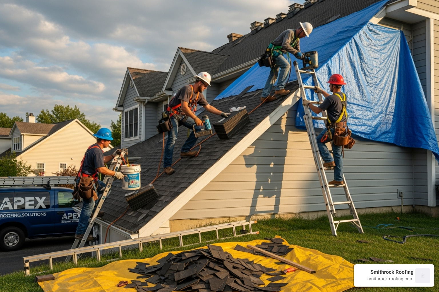 A professional roofing crew carefully repairing a wind-damaged roof, demonstrating expertise and safety - wind damage repair near me A professional roofing crew carefully repairing a wind-damaged roof, demonstrating expertise and safety - wind damage repair near me