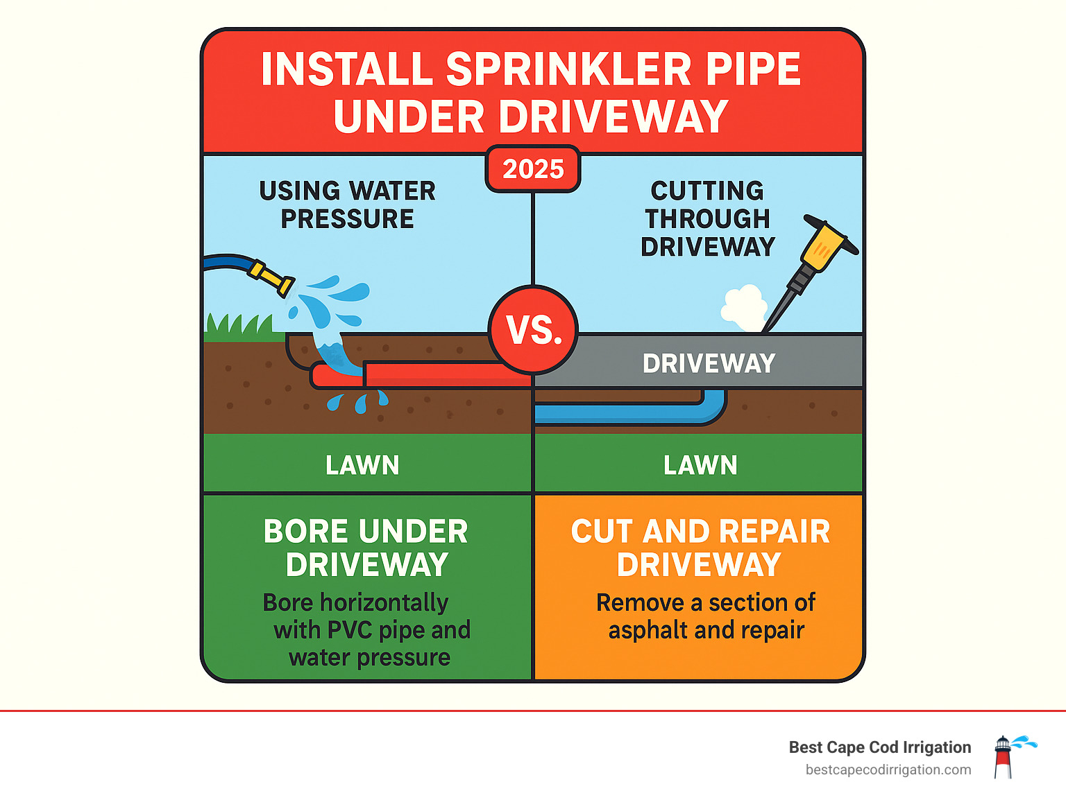Infographic showing the basic concept of boring under a driveway using water pressure with PVC pipe, compared to cutting the driveway and repairing it, to install irrigation lines. - install sprinkler pipe under driveway infographic 