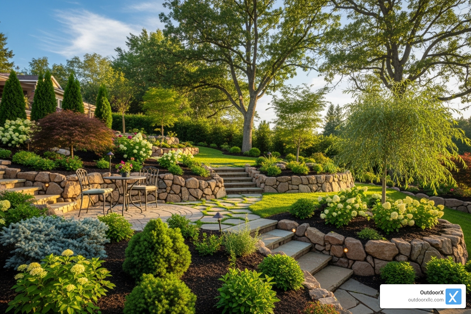A complex landscape with varied terrain and features, showcasing multiple levels, different plant types, and hardscaped elements. - landscape maintenance cost per square foot