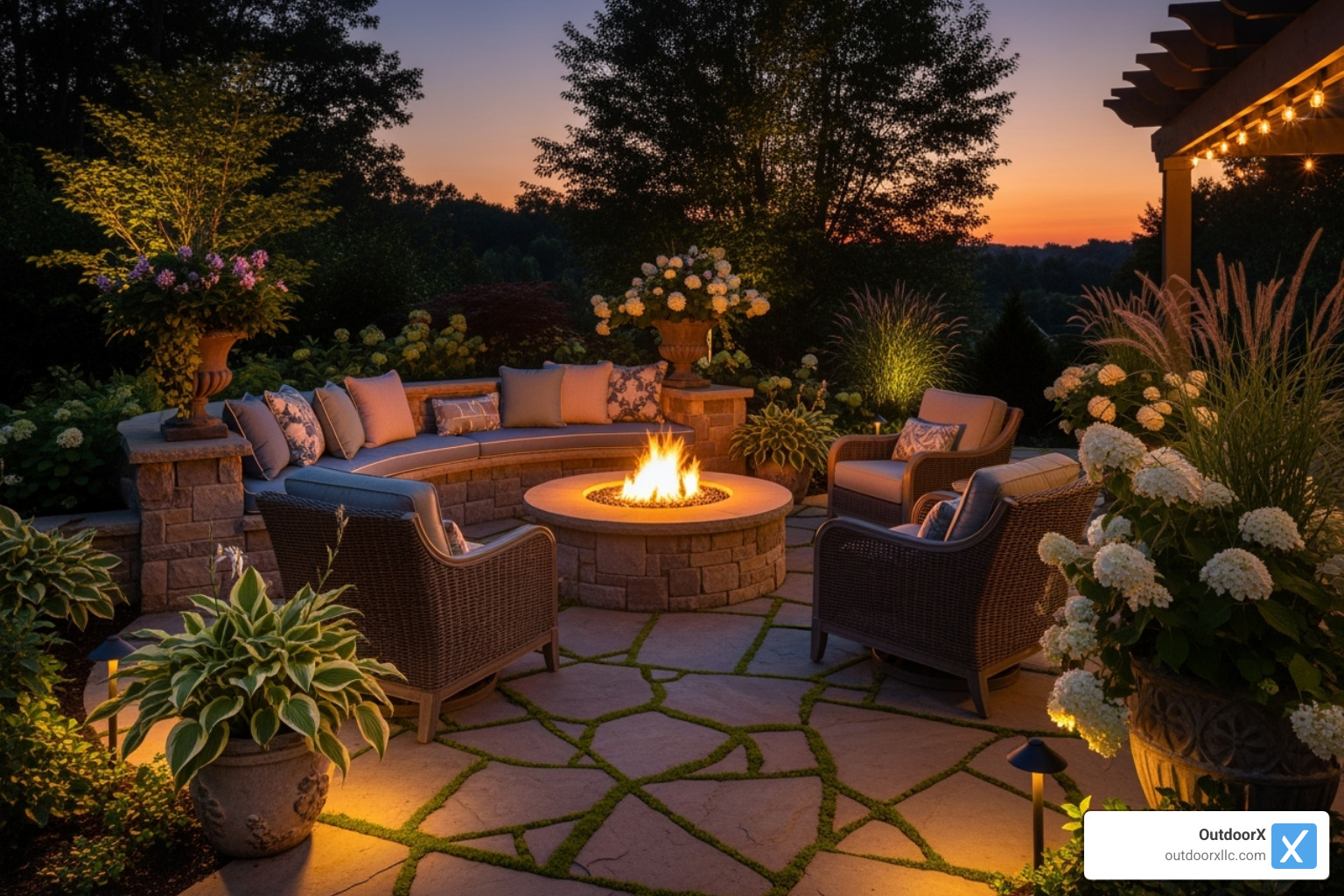 A beautiful stone patio with an integrated fire pit, surrounded by comfortable seating and lush plantings, illuminated by soft landscape lighting. - landscape maintenance cost per square foot