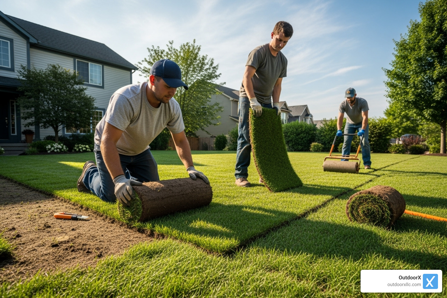 A team laying new sod on a residential lawn, carefully placing the rolls to create a seamless green carpet. - landscape maintenance cost per square foot