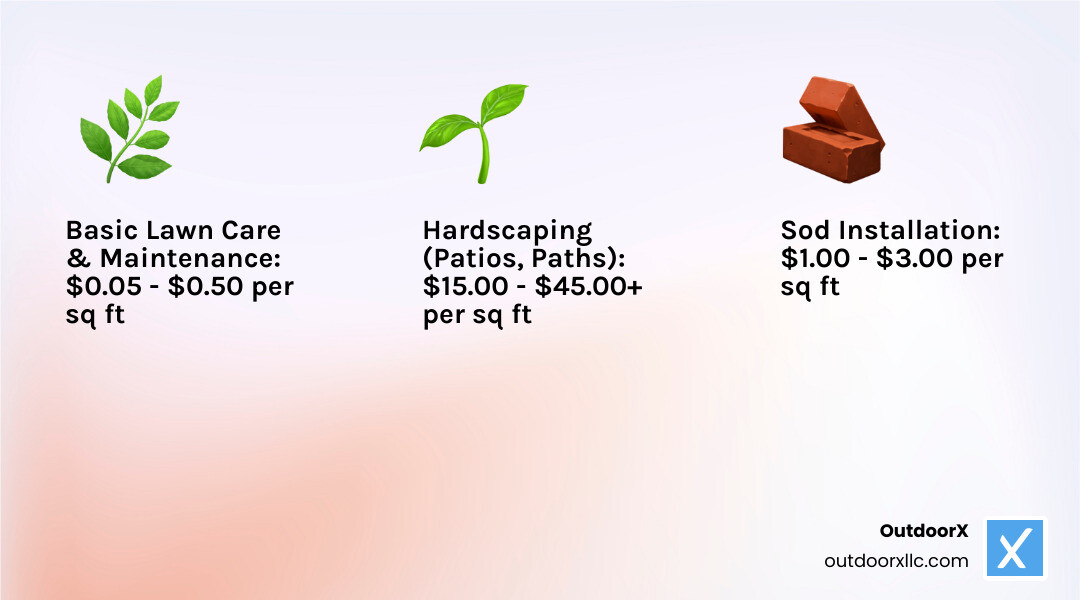 Infographic detailing average landscape maintenance costs per square foot for basic lawn care, sod installation, and hardscaping, with a visual representation of cost ranges for each service. - landscape maintenance cost per square foot infographic 3_facts_emoji_light-gradient