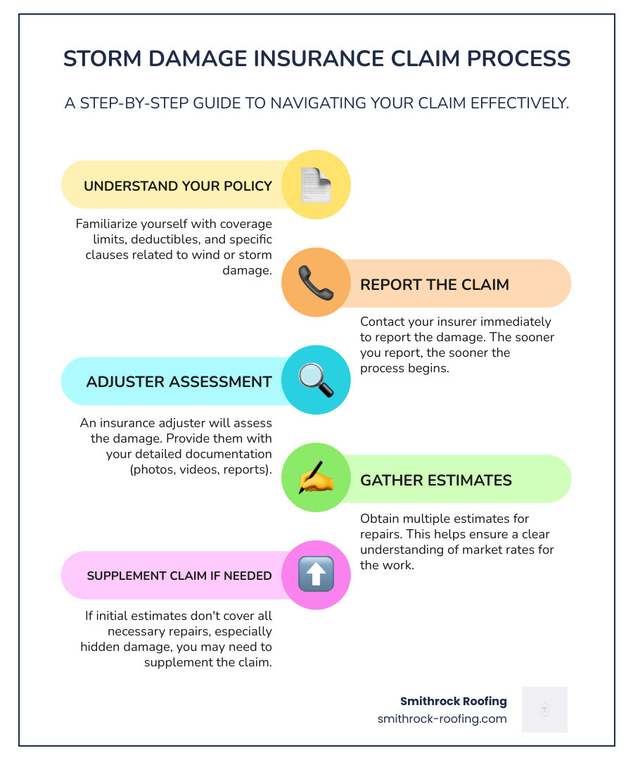 Infographic illustrating the step-by-step insurance claim process for storm damage, from initial report to final payout - wind damage repair near me infographic infographic-line-5-steps-colors Infographic illustrating the step-by-step insurance claim process for storm damage, from initial report to final payout - wind damage repair near me infographic infographic-line-5-steps-colors