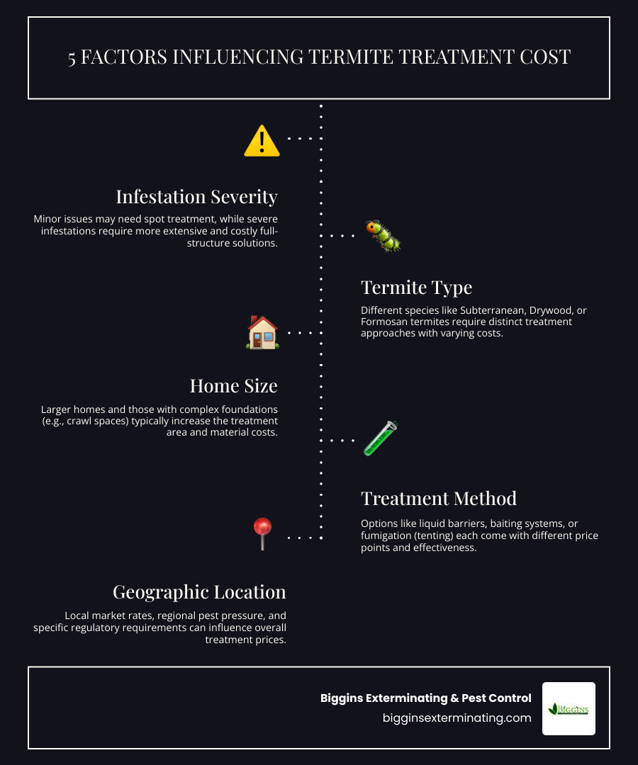 Detailed infographic showing the five primary factors influencing termite treatment cost: infestation severity, type of termite, home size, treatment method, and geographic location, with typical cost range examples for each - termite treatment cost infographic infographic-line-5-steps-dark