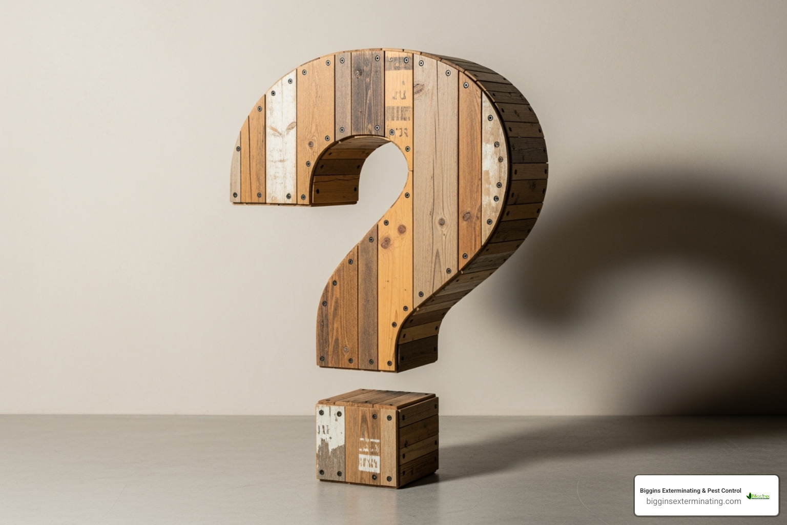 A stylized question mark made from wooden planks, symbolizing common questions about termite issues - termite treatment cost