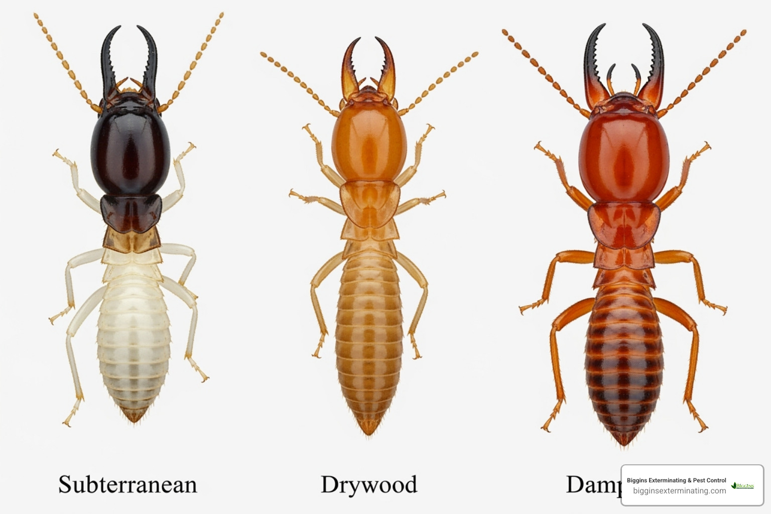 The three main types of termites: Subterranean, Drywood, and Dampwood, with their distinguishing features - termite treatment cost