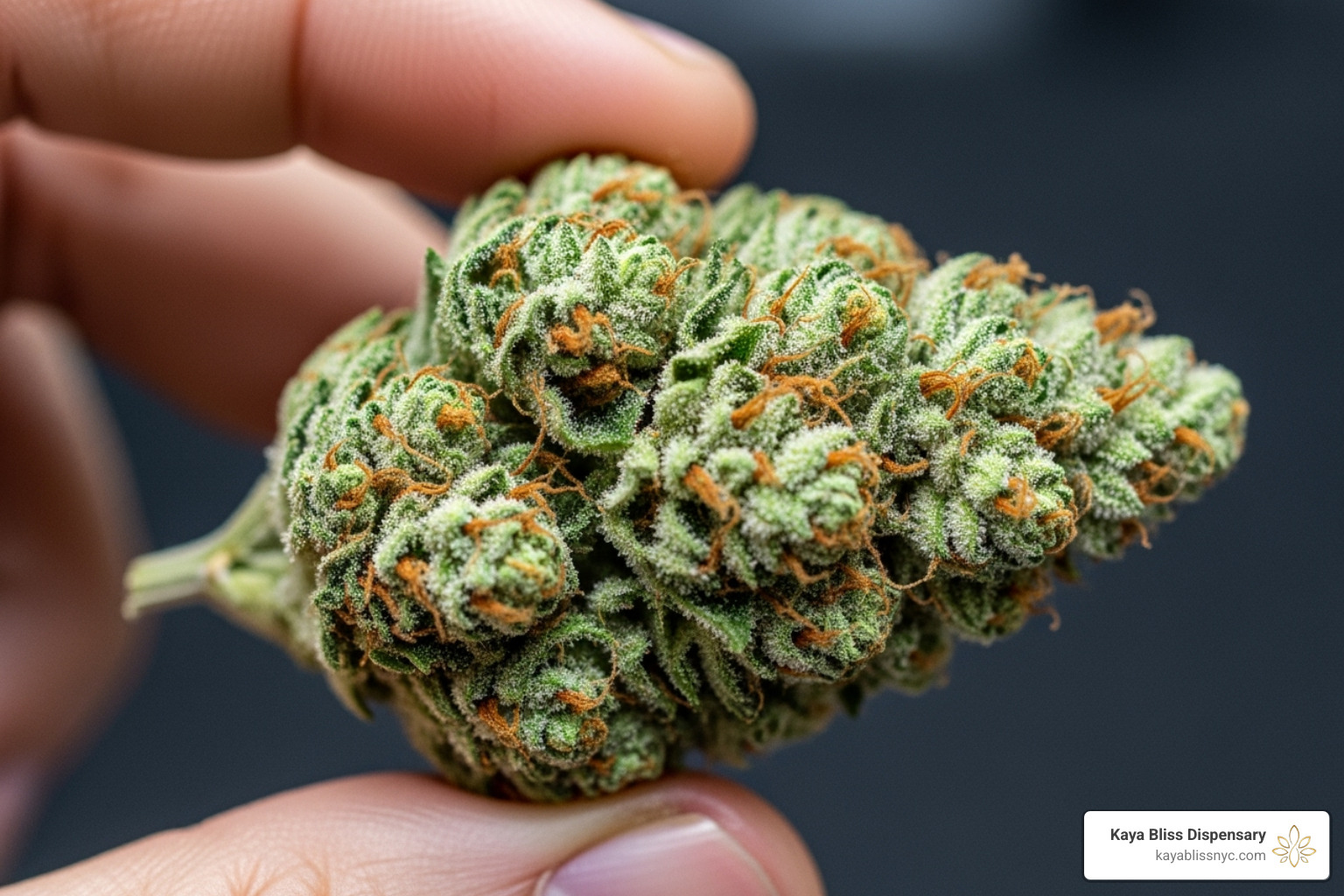 Perfectly trimmed and cured New York cannabis bud held between two fingers for scale. - High end flower