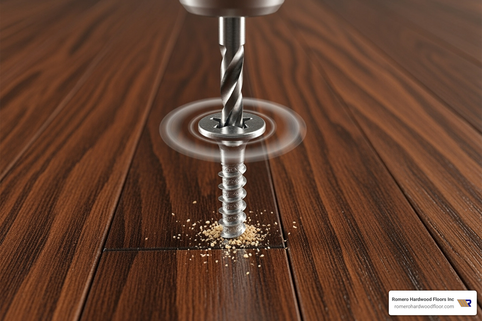 trim-head screw being drilled into a hardwood floor - floor squeaks under hardwood