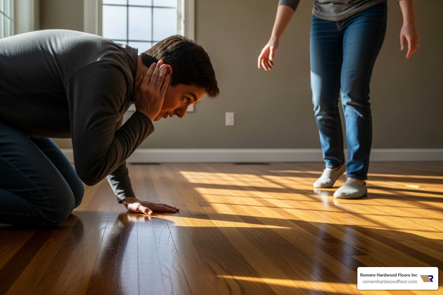 person listening to the floor while another person walks on it - floor squeaks under hardwood