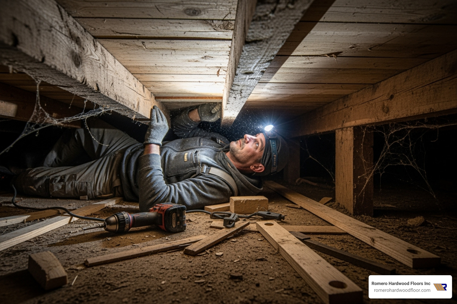 person working on the underside of a floor from a basement - floor squeaks under hardwood