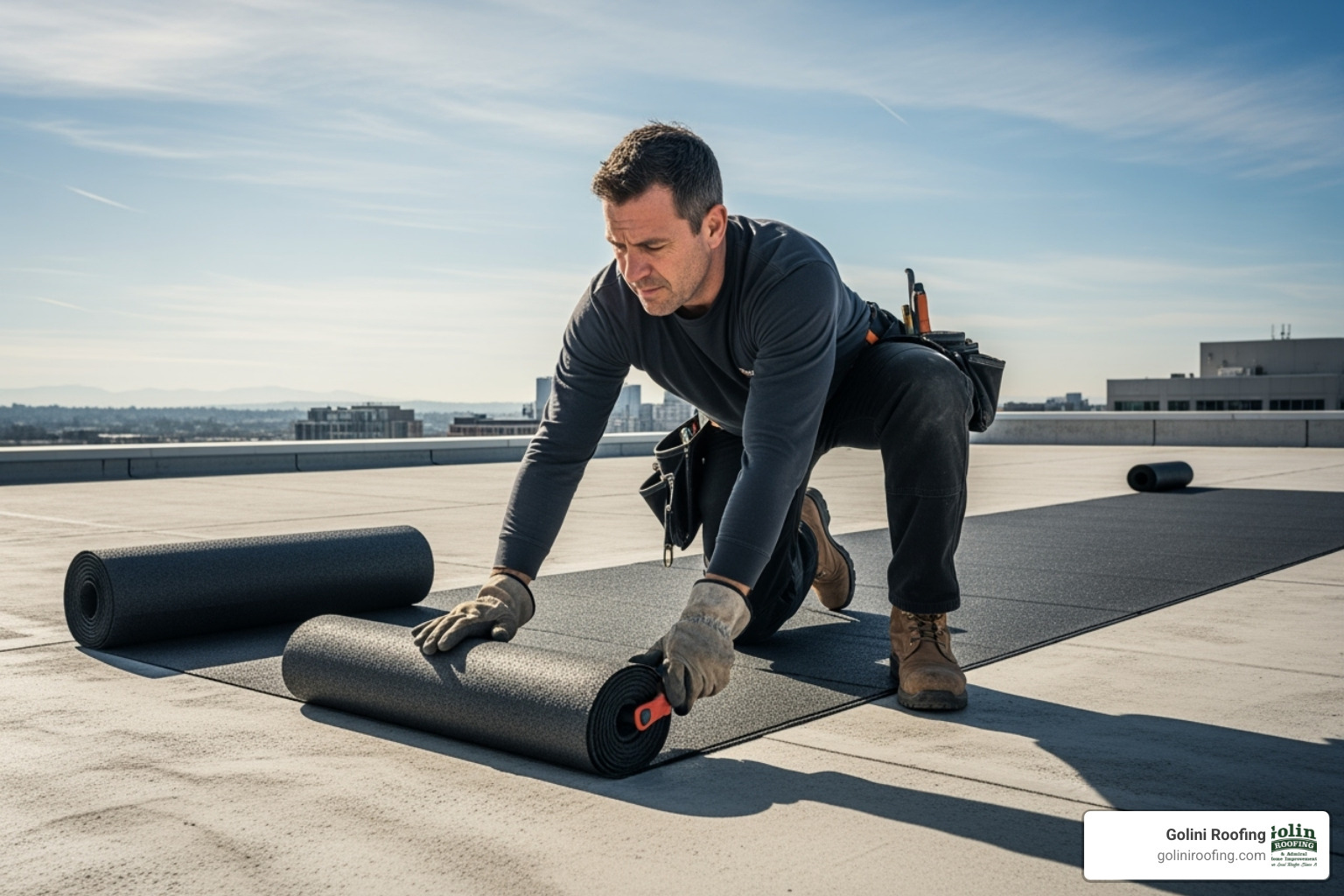 of a contractor installing a Flintlastic SA roll - certainteed commercial roofing of a contractor installing a Flintlastic SA roll - certainteed commercial roofing