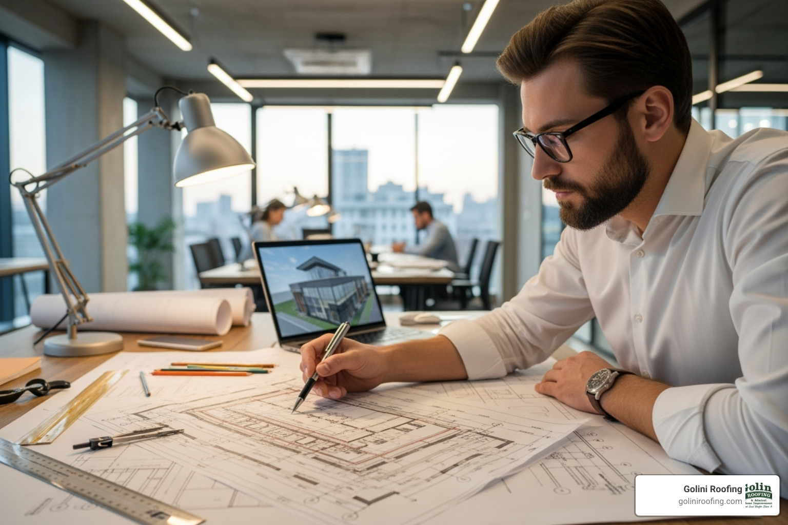 of an architect reviewing CertainTeed blueprints - certainteed commercial roofing of an architect reviewing CertainTeed blueprints - certainteed commercial roofing