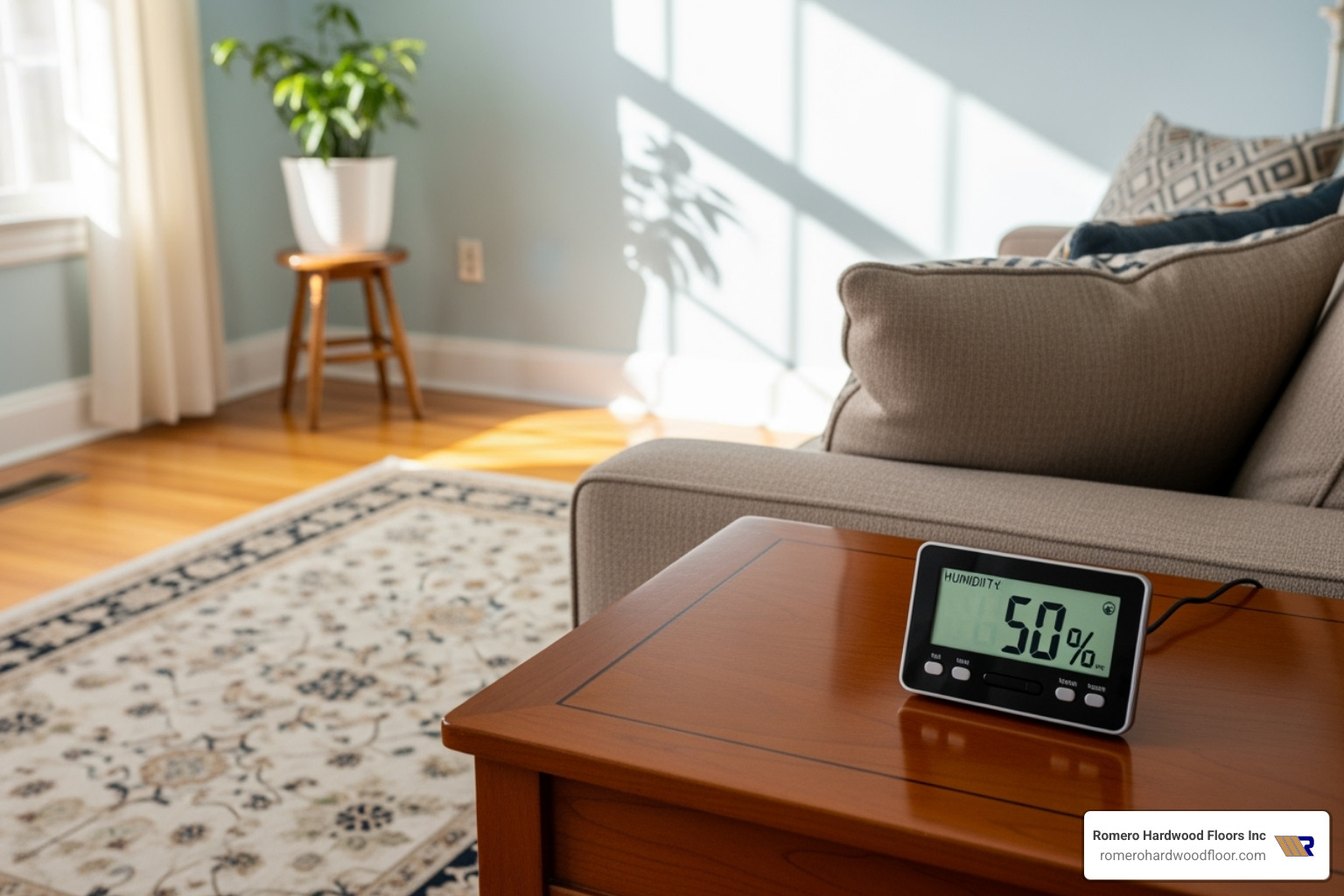 hygrometer displaying a healthy humidity level in a room with hardwood floors - floor squeaks under hardwood