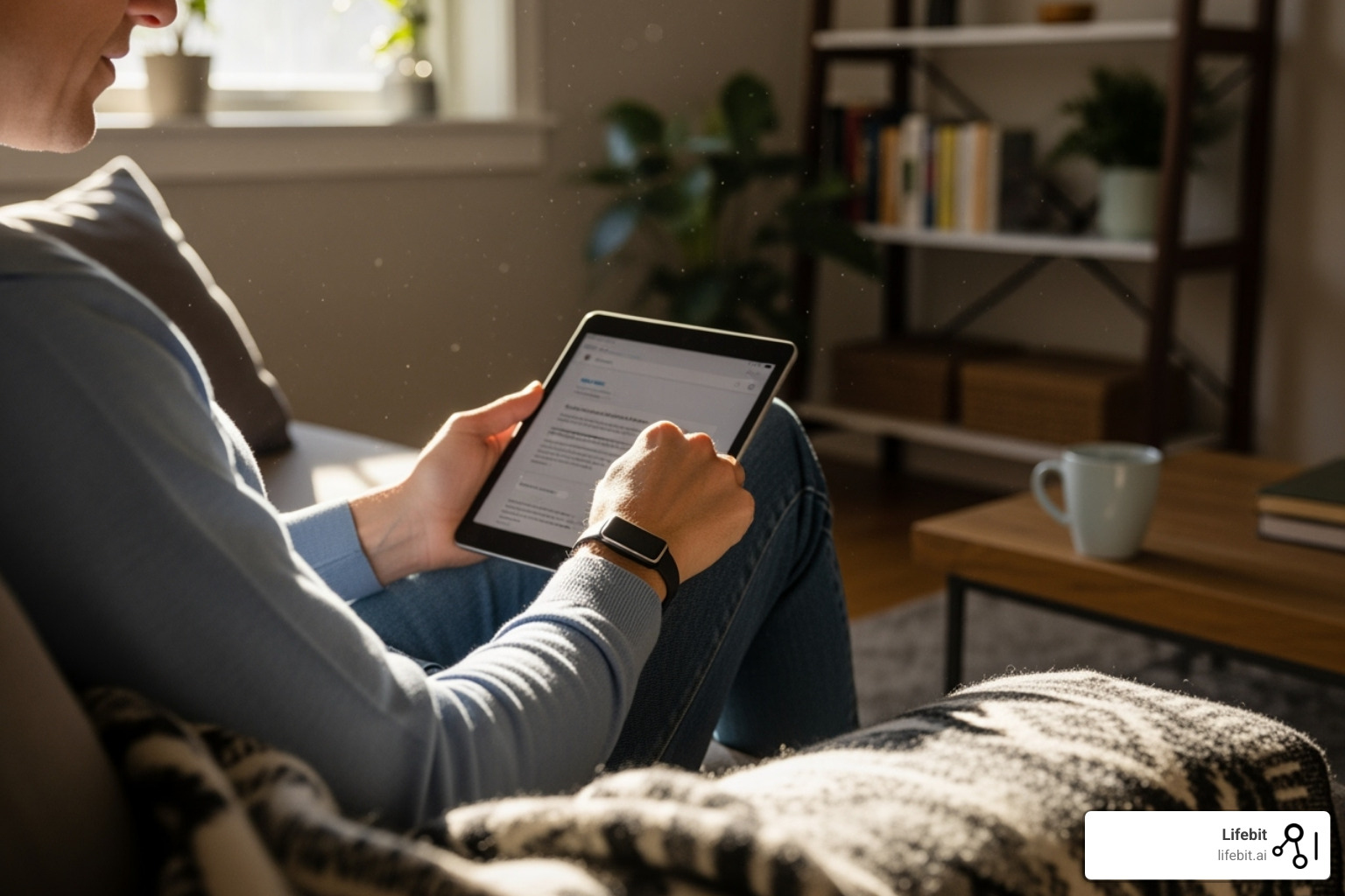Patient participating in a decentralized trial from home using a tablet and wearable sensor - Clinical development platform