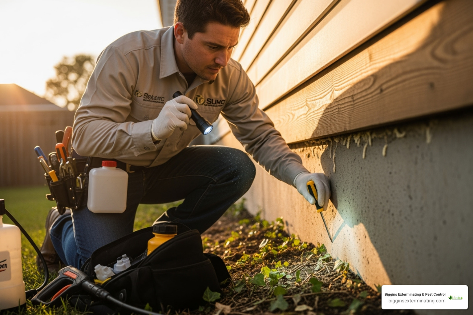 A professional pest control technician conducting a thorough termite inspection around a home's foundation - termite treatment cost