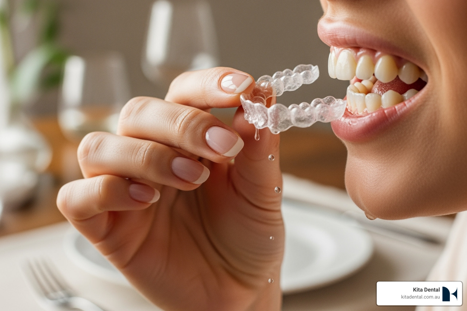 a person easily removing a clear aligner before a meal - invisible teeth braces a person easily removing a clear aligner before a meal - invisible teeth braces