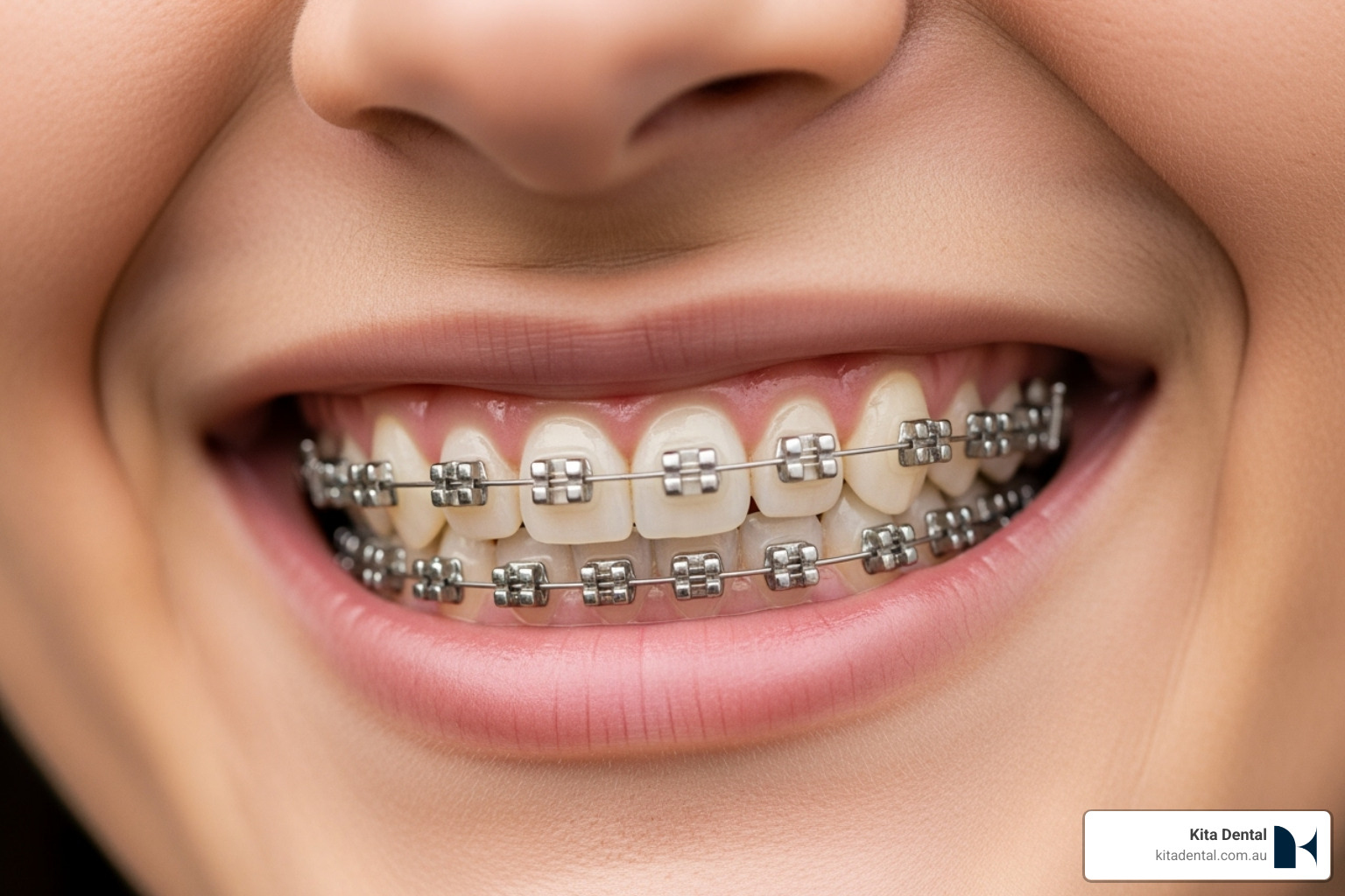 a close-up smile showing tooth-coloured ceramic braces - invisible teeth braces a close-up smile showing tooth-coloured ceramic braces - invisible teeth braces