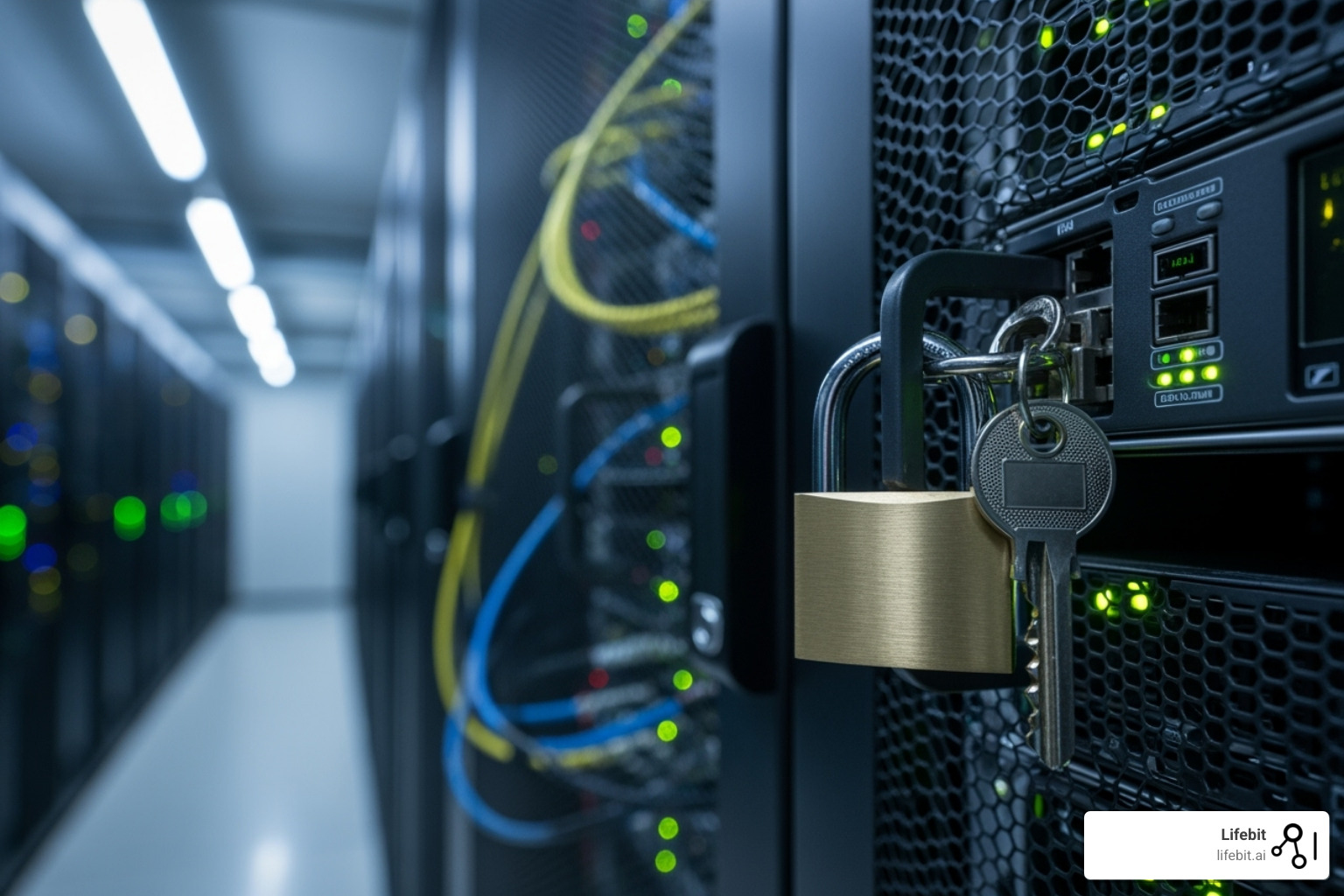 lock and key on a data server, symbolizing security and governance - real world data clinical trials
