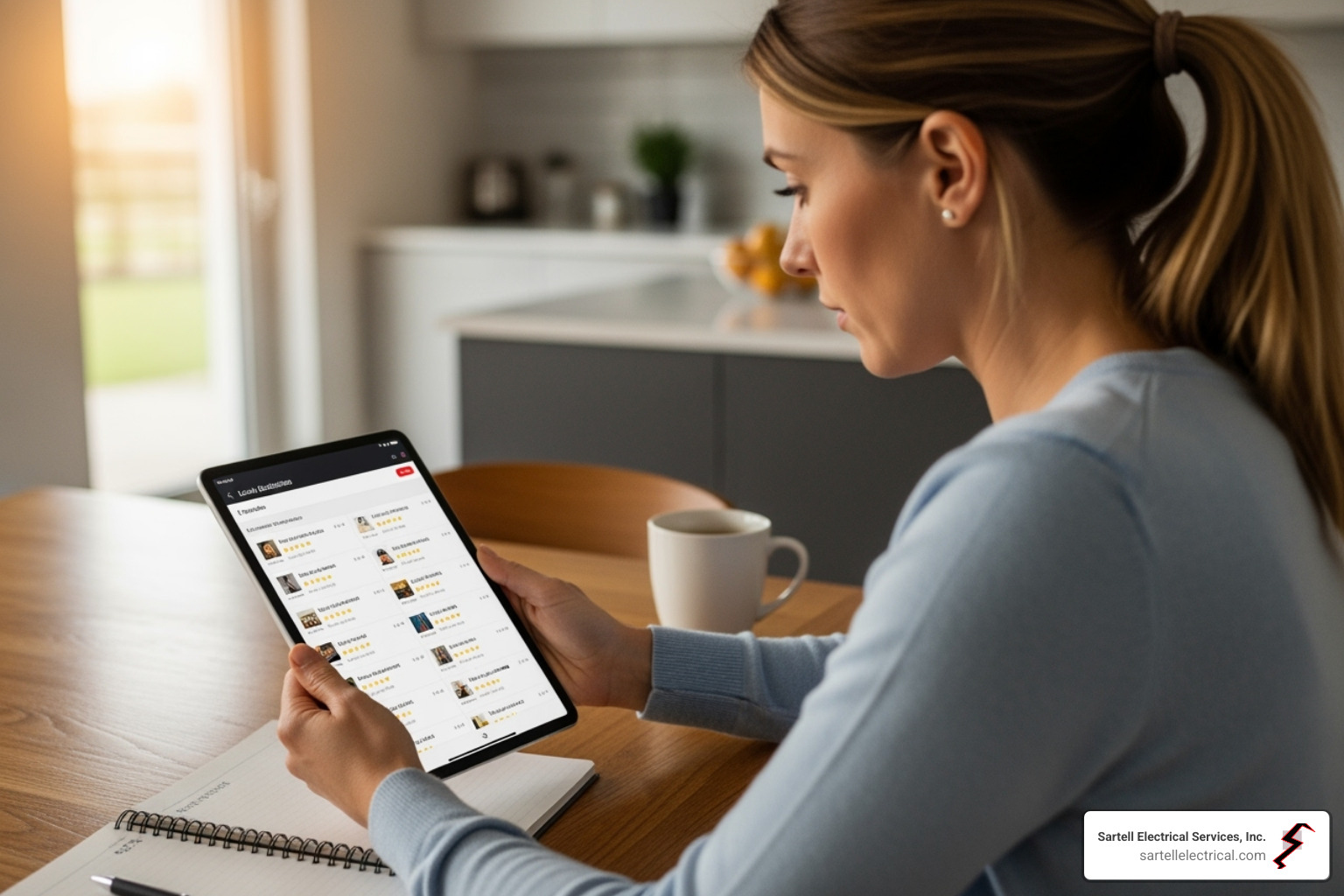 A homeowner looking up electricians on a tablet, considering various options - electricians near me