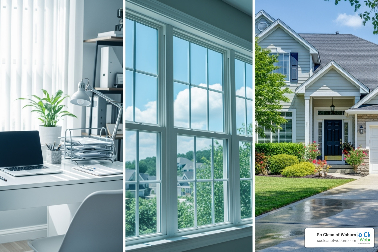 A collage of different cleaning scenarios: a sparkling clean home office, gleaming windows, and a freshly washed house exterior. - cleaners medford ma