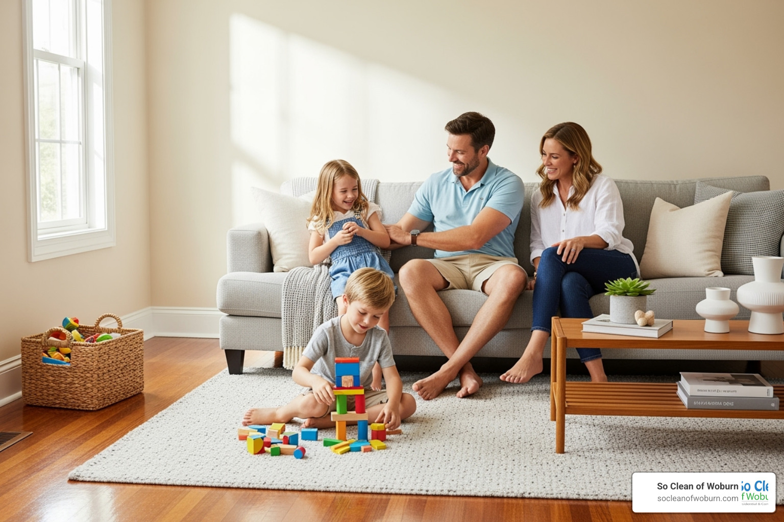 A family joyfully relaxing and playing together in their impeccably spotless home, illustrating the peace of mind and leisure time gained from professional cleaning. - cleaners medford ma