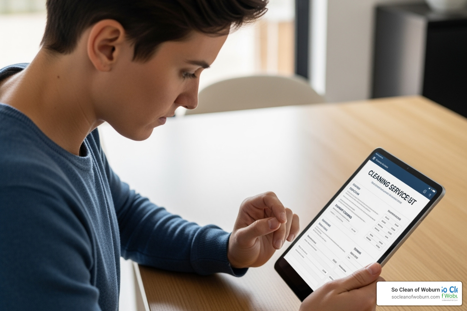 A person carefully reviewing a cleaning service quote displayed on a tablet, highlighting the importance of understanding service details and pricing. - cleaners medford ma
