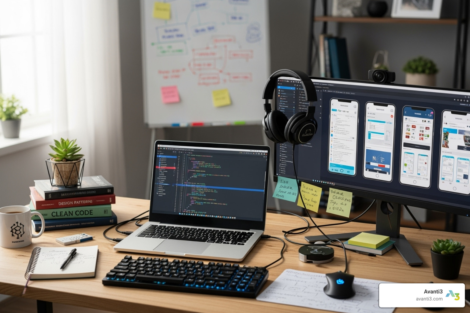 Developer's desk with code and design mockups - build nft marketplace from scratch