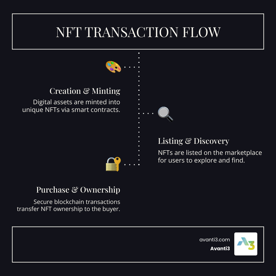 Step-by-step process showing NFT creation, smart contract deployment, marketplace listing, user browsing, purchase transaction, and ownership transfer with blockchain verification - build nft marketplace from scratch infographic infographic-line-3-steps-dark