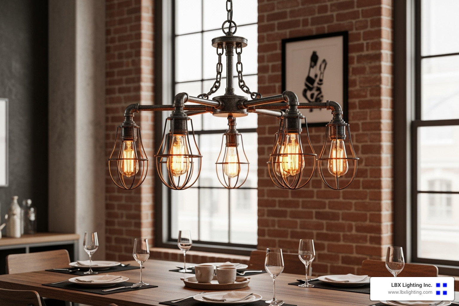 industrial chandelier with exposed bulbs and metal cages - unique dining chandeliers