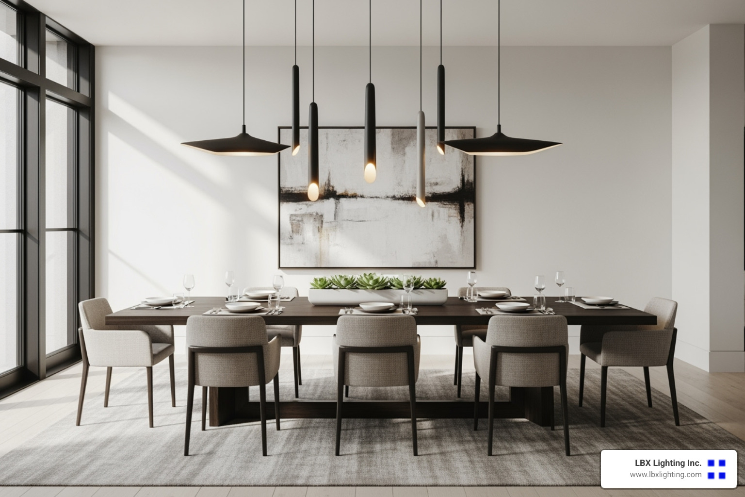dining room with multiple pendant lights over a long table - Dining room lighting design