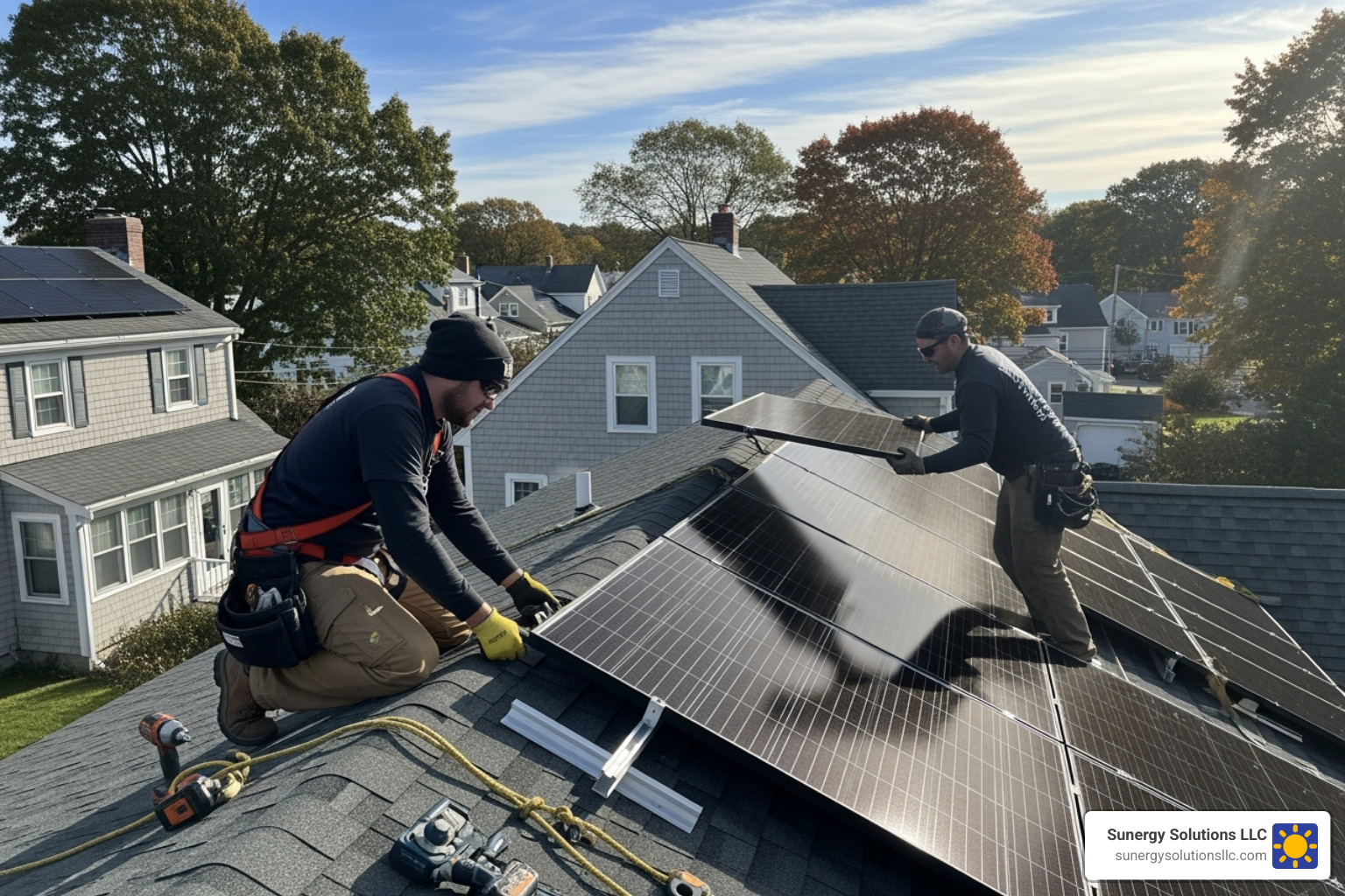 Homeowner looking at reduced electricity bill on a tablet - Solar panel installers Massachusetts