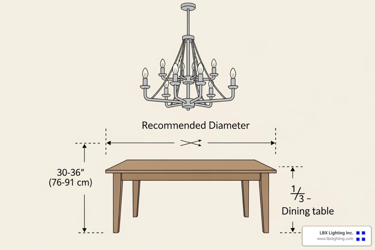 diagram showing correct chandelier height and diameter relative to a dining table - Dining room lighting design