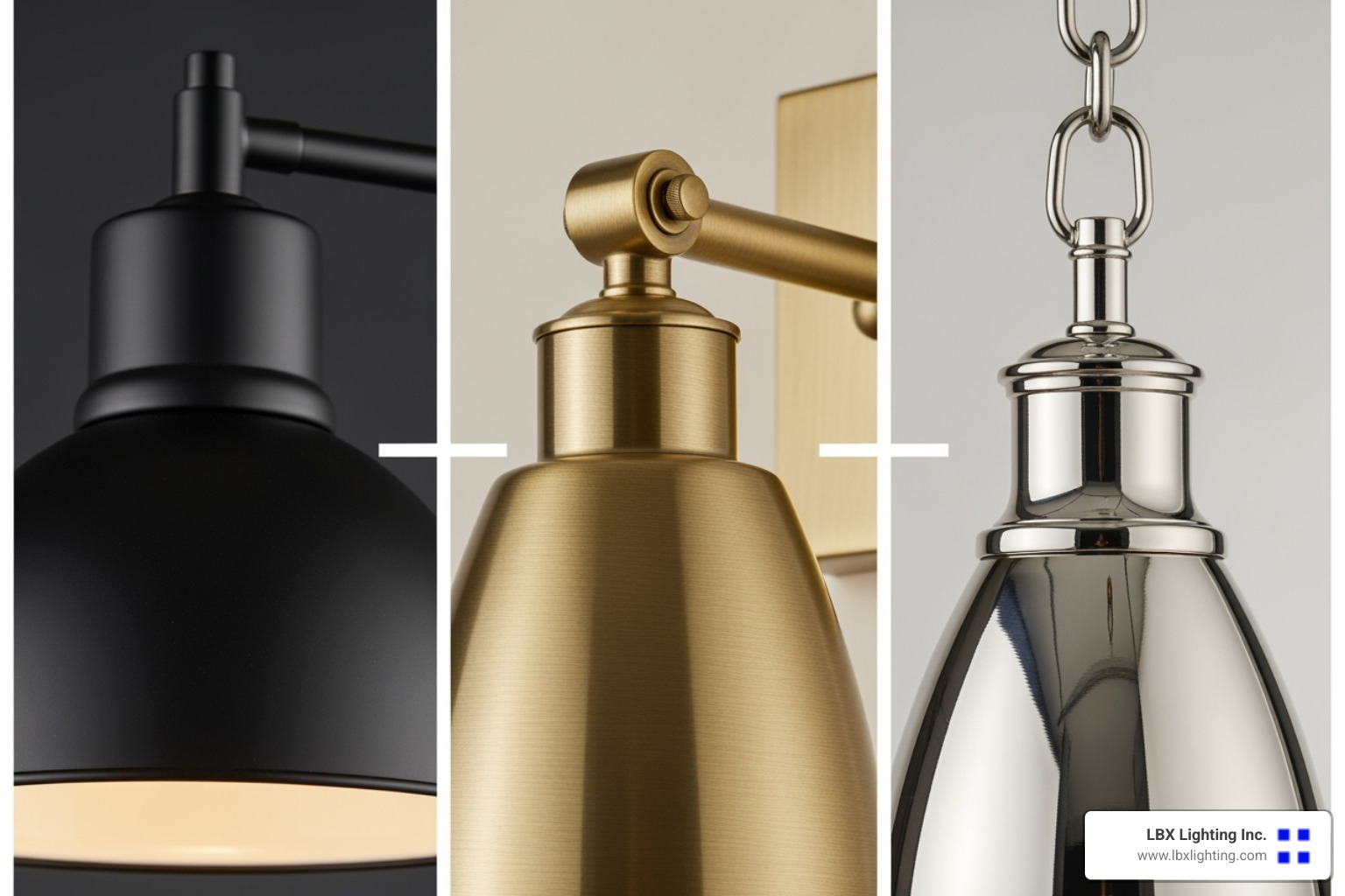 collage showing different fixture finishes like black, brass, and nickel - Dining room lighting design
