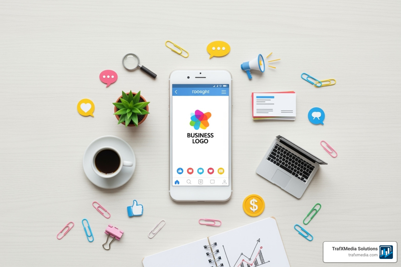 Whiteboard with a strategic plan sketched out, including goals, target audience personas, and platform logos. - small business social media