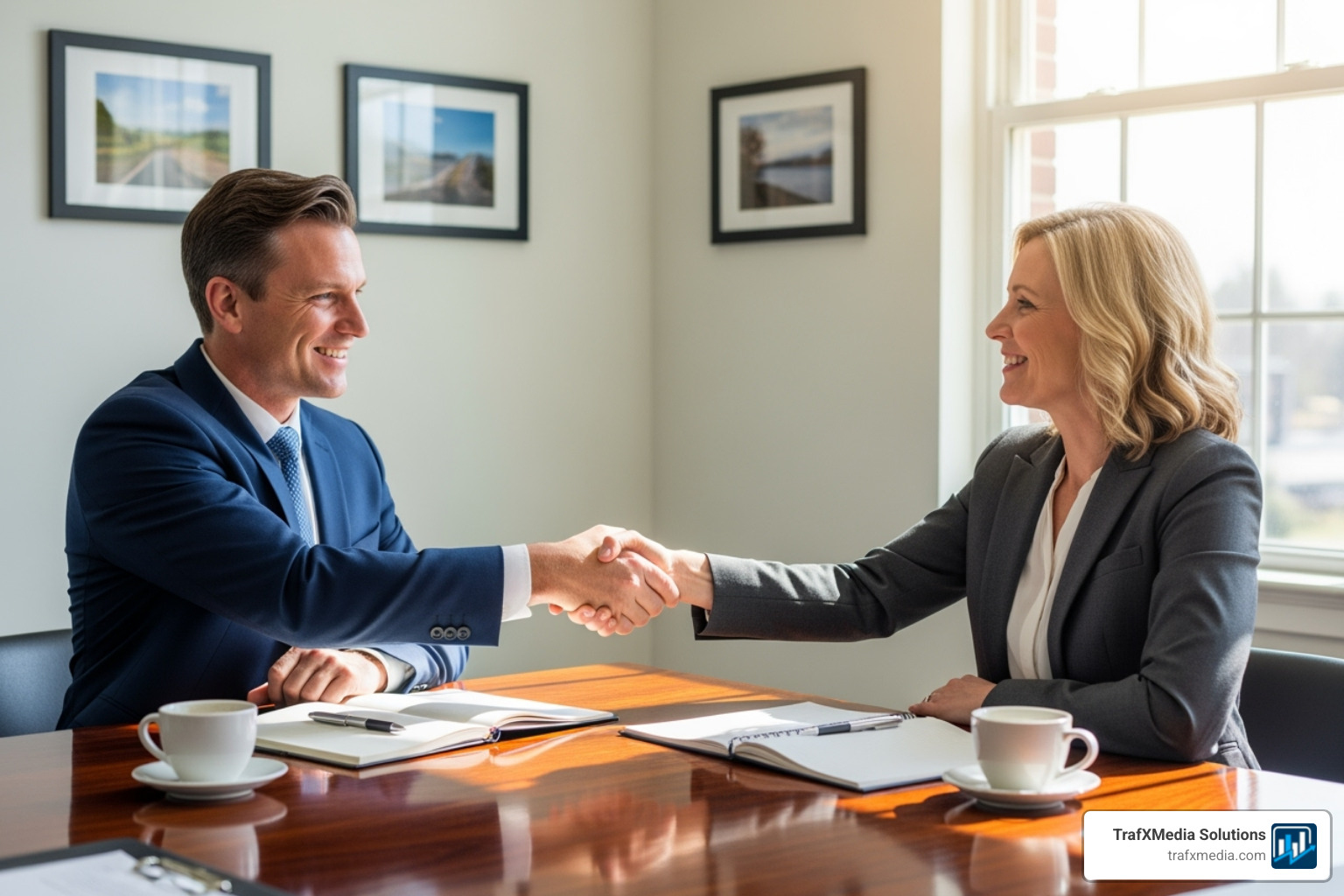 A business owner and a consultant (both Caucasian) having a positive meeting and shaking hands across a desk. - San Francisco SEO consultant